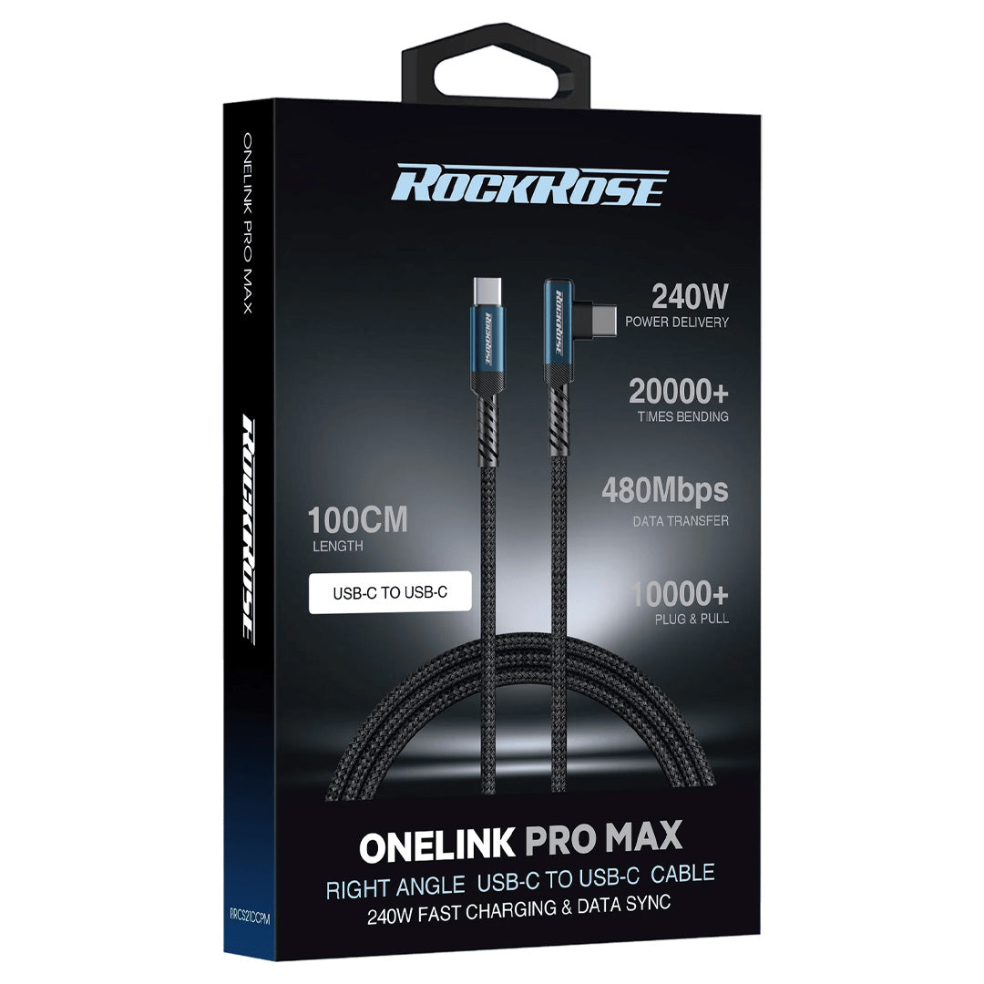 كيبل روك روز OneLink Pro Max تايب سي الى تايب سي بقدرة شحن 240 واط وطول 1 متر | RockRose OneLink Pro Max 240W USB-C to USB-C Right Angle Cable 1m