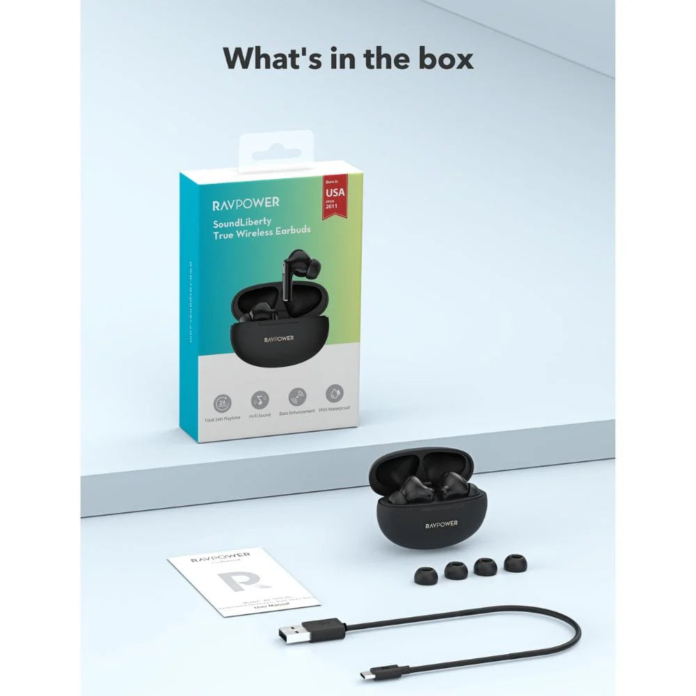 Guhguhkên Bêtêl ên RAVPower BH1018 bi Dema Lîstinê ya Heta 24 Saetan - Reş | Guhguhkên Bluetooth-ê yên Bêtêl ên Stûdyoyê yên Rastîn ên RAVPower BH1018, Heta 24 Saetan - Reş