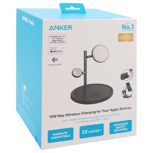 حامل وشاحن لاسلكي انكر ماج جو 3 في 1 بقدرة شحن 15 واط | Anker MagGo 15W 3-in-1 Charging Stand, Qi2 Certified Wireless Charger for iPhone