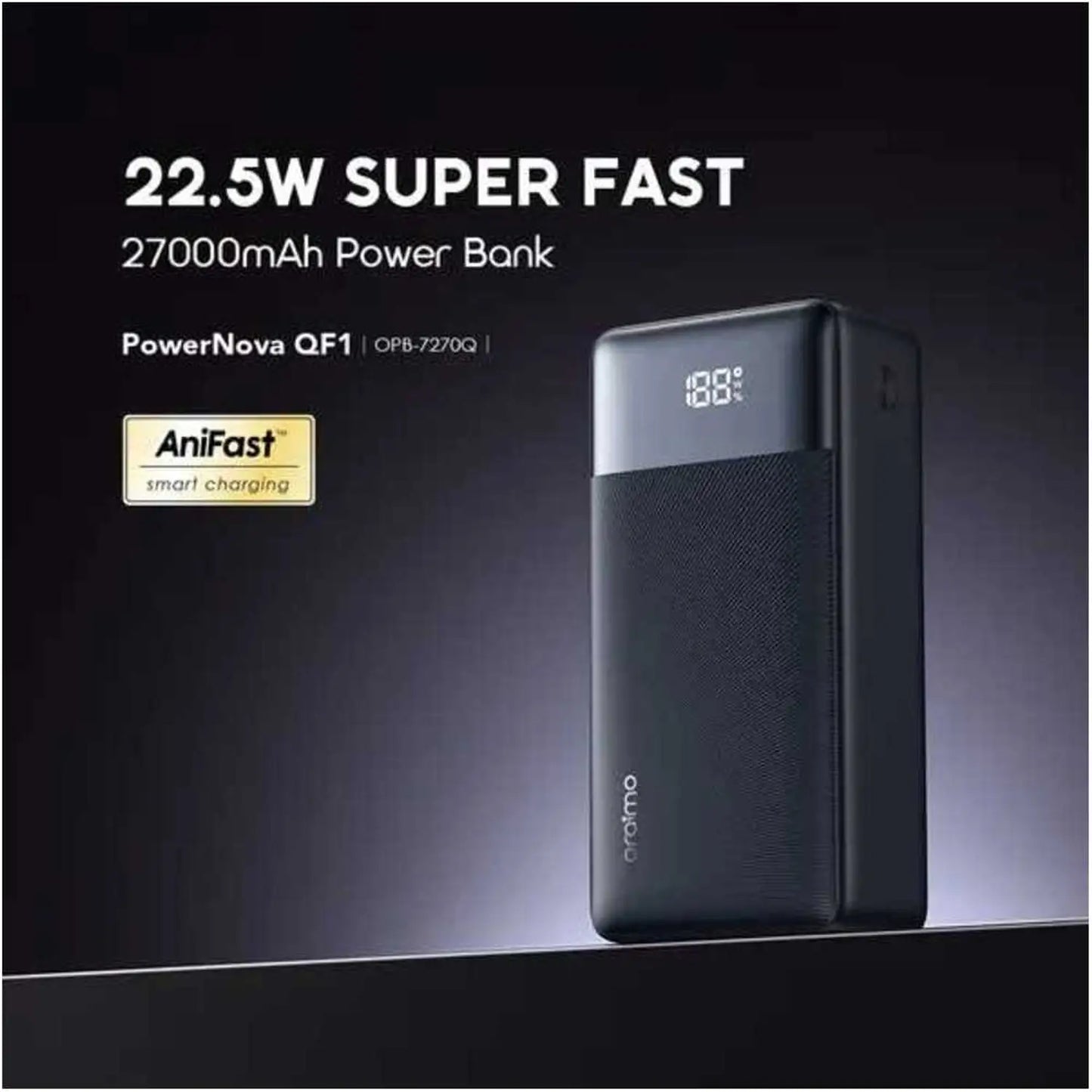 باور بانك اورايمو PowerNova QF1 بسعة 27,000 مللي امبير وبقدرة شحن 22.5 واط - اسود | Oraimo PowerNova OPB-7270Q 22.5W Power Bank 27000mAh – Black