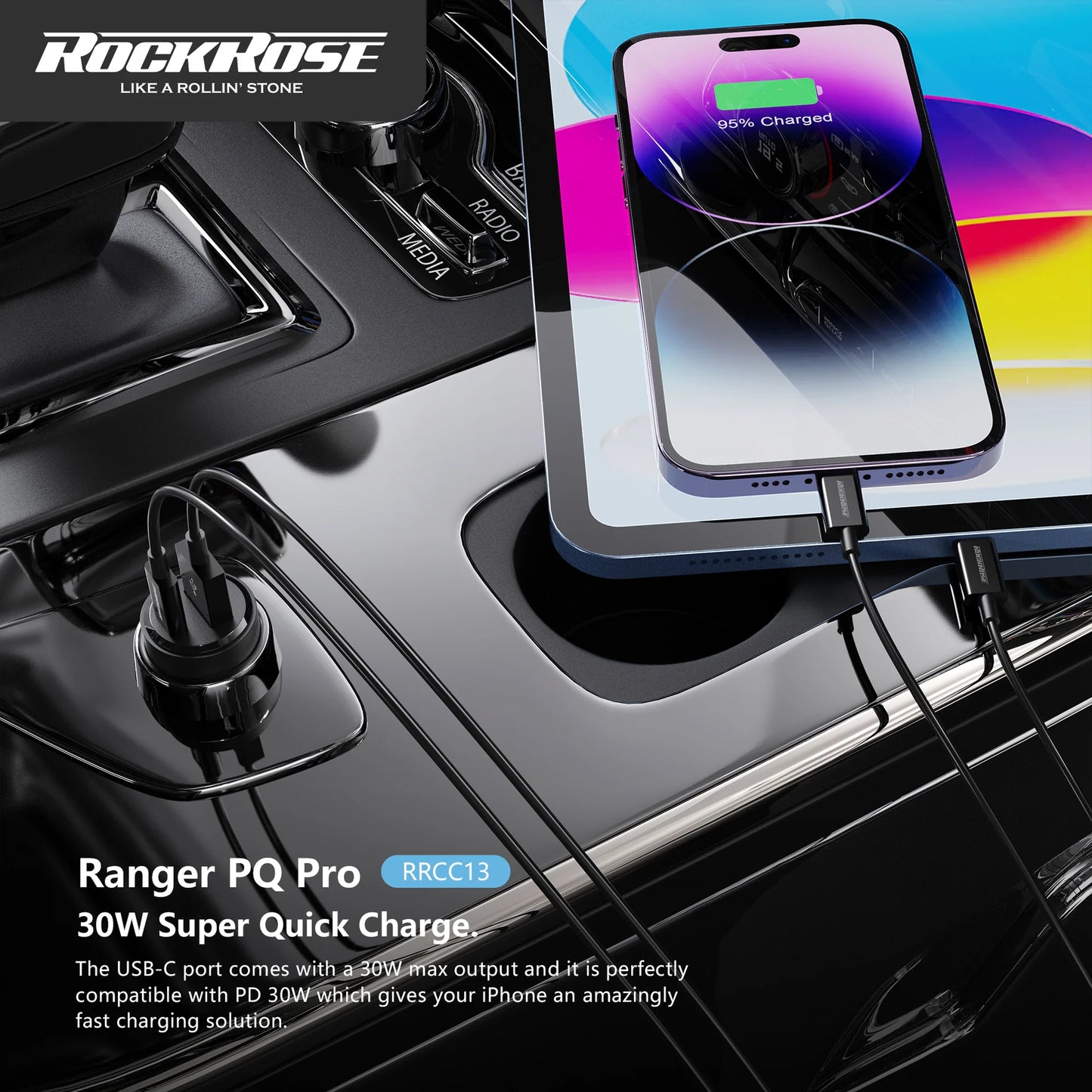 شاحن سيارة روك روز بمنفذي يو اس بي اي وتايب سي وبقدرة شحن 30 واط | Rockrose 30W PD & QC 3.0 Dual Port Car Charger