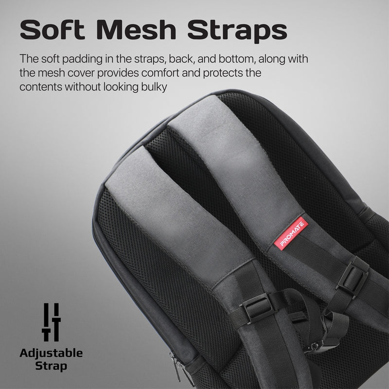 Promate Satchel-BP Laptop Backpack 15.6 inch Mesh Straps Black-Straps