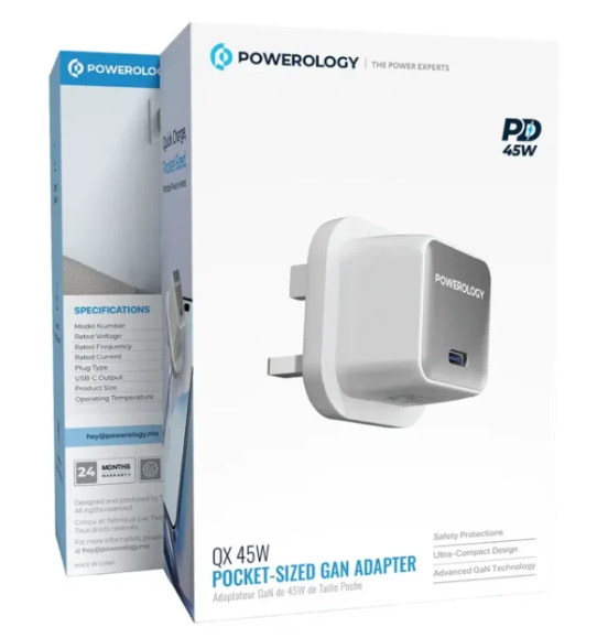شاحن باورلوجي QX جداري GaN صغير الحجم 45 واط USB-C سريع الشحن | Powerology QX 45W Pocket-Sized GaN Adapter