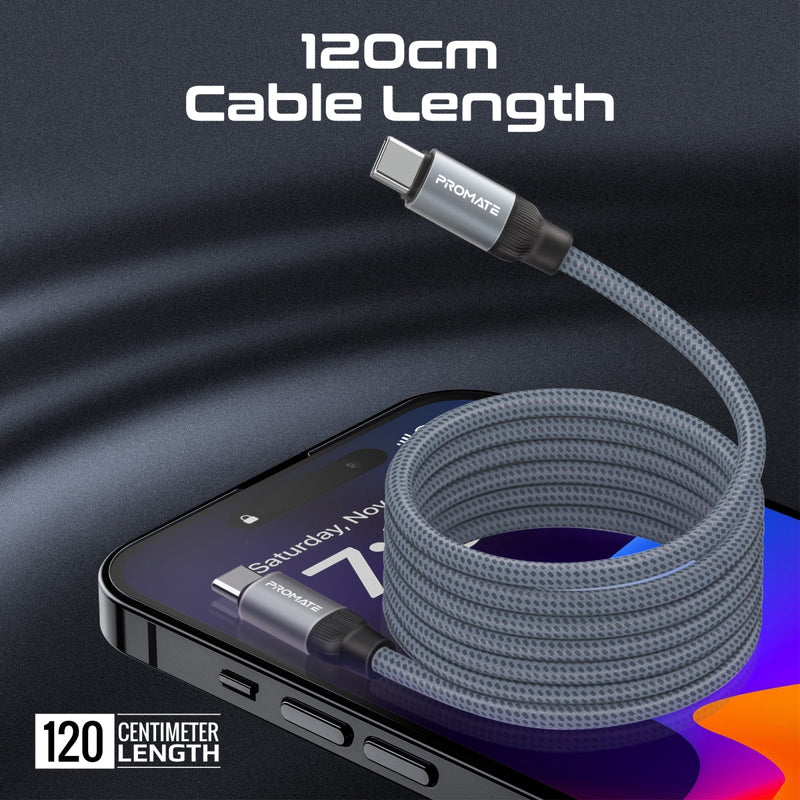 Promate Springy Grey nylon braided cable and reversible USB-C connectors