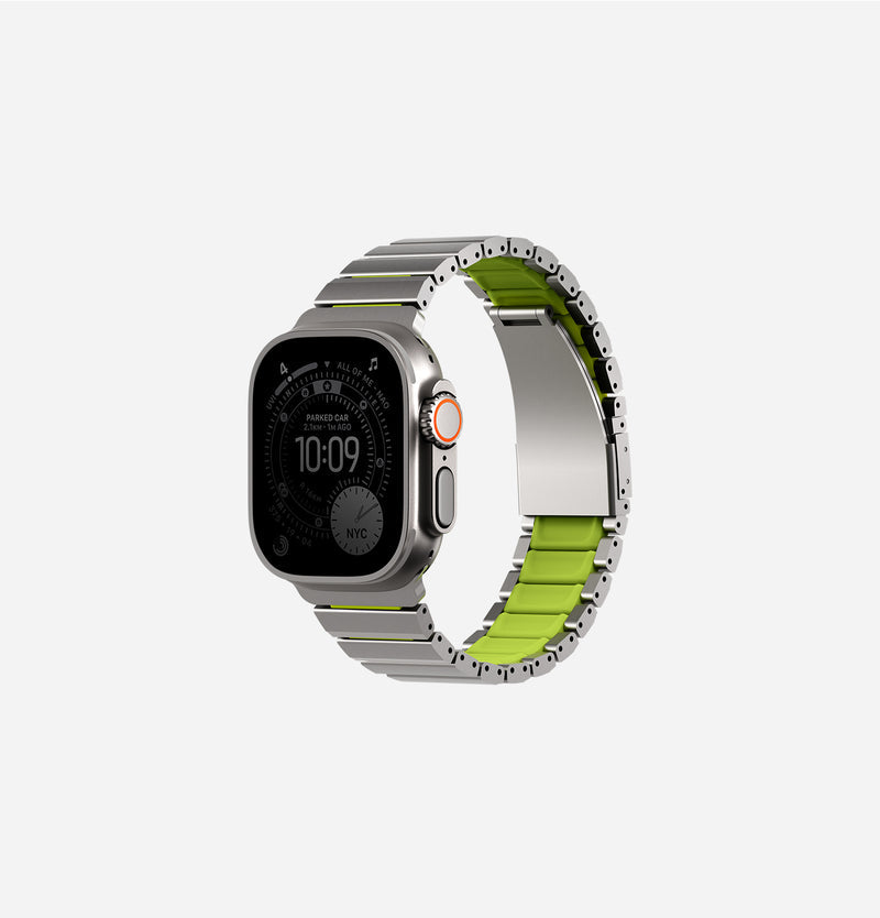 UNIQ Strova Flex stainless steel Apple Watch strap Titanium Silver Lime Green - front view