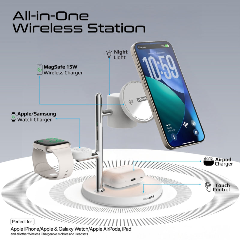 Promate Synergy-3 شحن الآيفون 15 واط والـAirPods والساعة سوية - أبيض