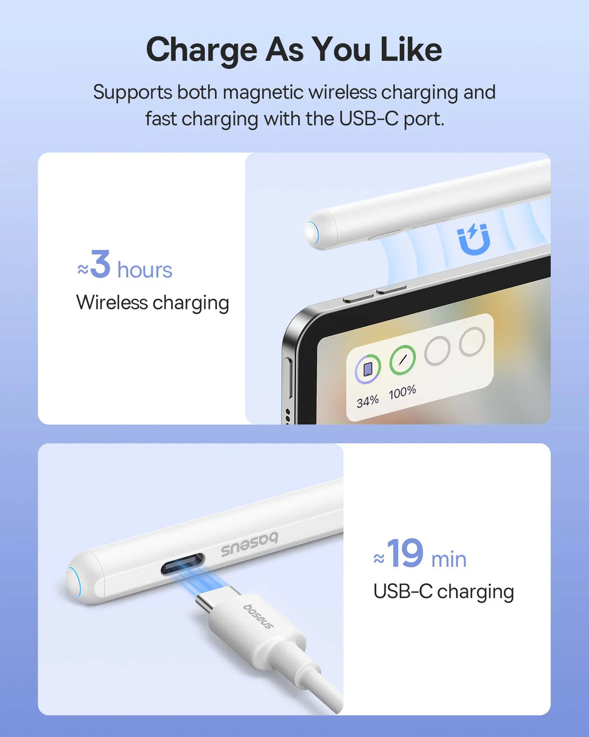 Baseus Smooth Writing 2 Series Dual Charging Stylus Active Wireless Version, Moon - قلم باسيوس سموث رايتنج 2 بشحن مزدوج لاسلكي نشط، لون القمر