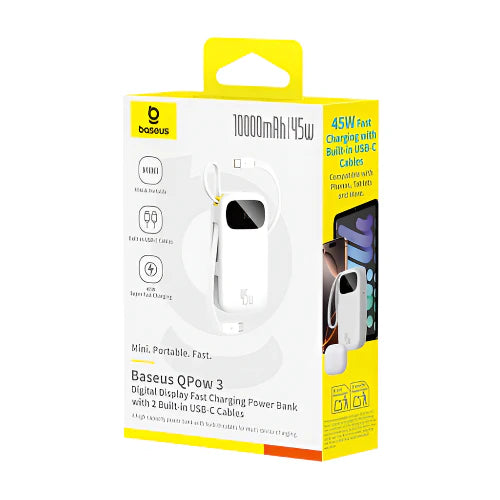 Baseus EnerFill FC31 Power Bank 10000mAh 45W White (2 Built-in Cables) | باور بانك بيسوس انرفيل 10000 مللي أمبير 45 واط أبيض