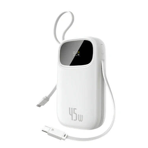 Baseus EnerFill FC31 Power Bank 10000mAh 45W White (2 Built-in Cables) | باور بانك بيسوس انرفيل 10000 مللي أمبير 45 واط أبيض