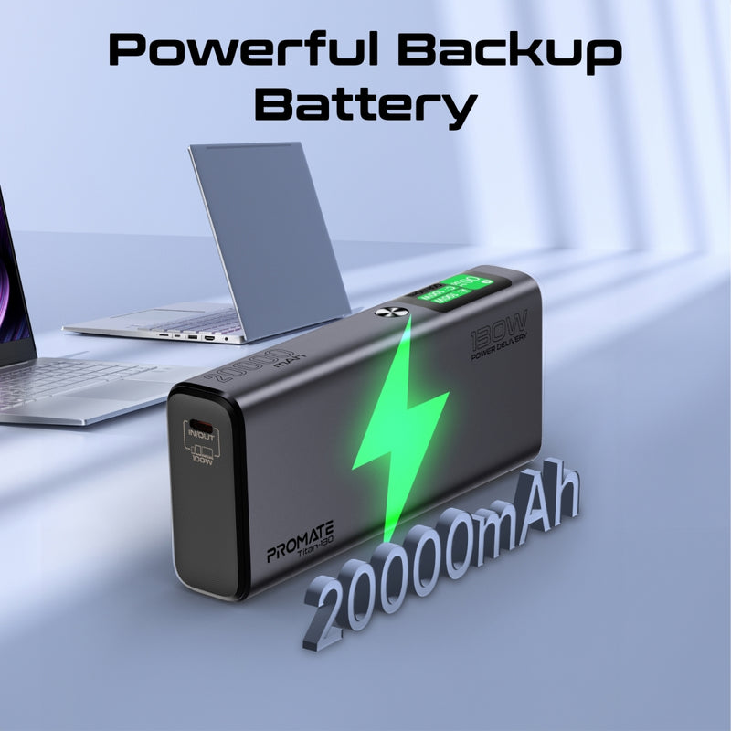 Promate Titan-130 Power Bank 20000mAh 130W TFT LCD Black-Angle