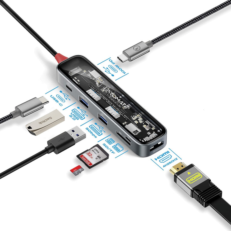 Promate TransHub-Lite 7-in-1 slim transparent USB-C hub - main view