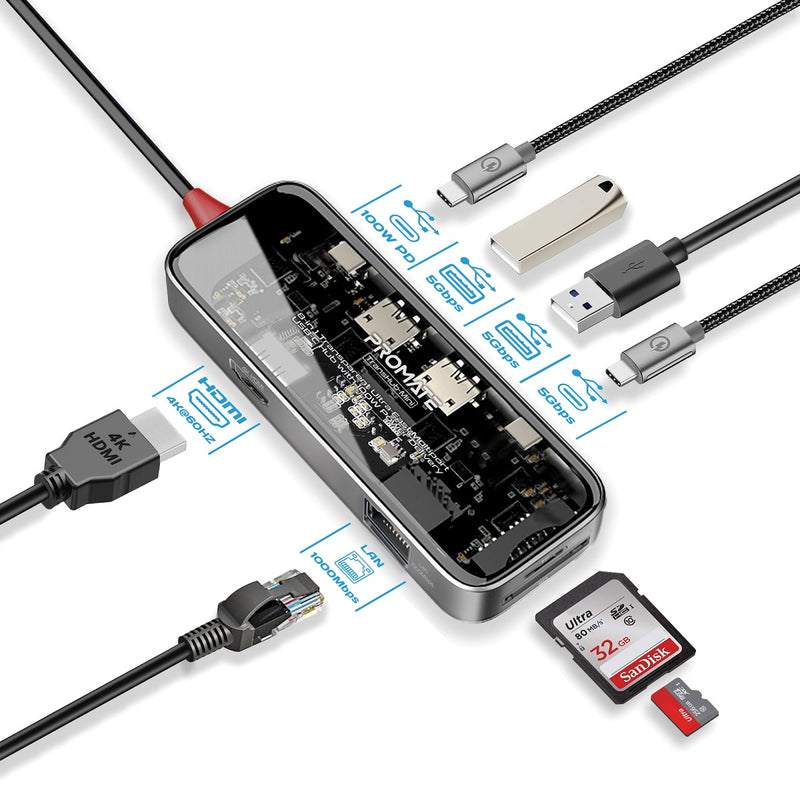 Promate TransHub-Mini 8-in-1 transparent USB-C hub - main view