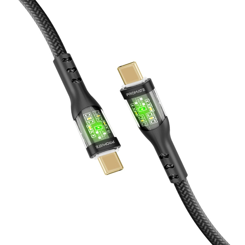 Promate TransLine-CC200 Black 60W USB-C cable with transparent LED shells - main view