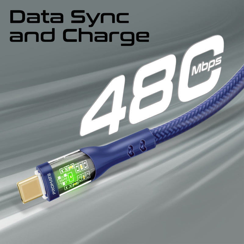 Promate TransLine-CC200 Navy cable charging a laptop at 60W Power Delivery