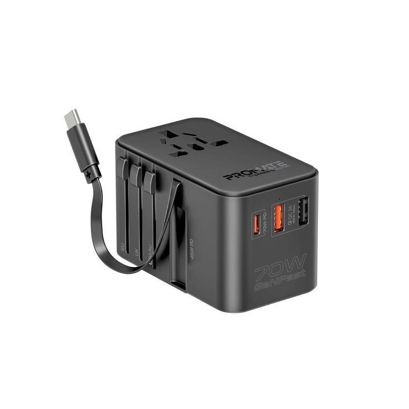 Promate TripMate-GaN70R محول سفر GaN 70 واط مع كيبل USB-C مدمج ينسحب - صورة أمامية