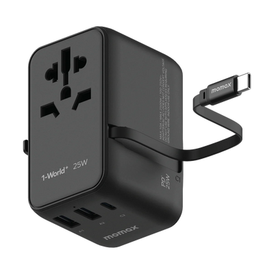شاحن موماكس World+ العالمي بقدرة شحن 25 واط مع كيبل تايب سي مدمج | Momax World+ 25W 3-Port Charger with Built-in USB-C Cable + AC Travel Adapter