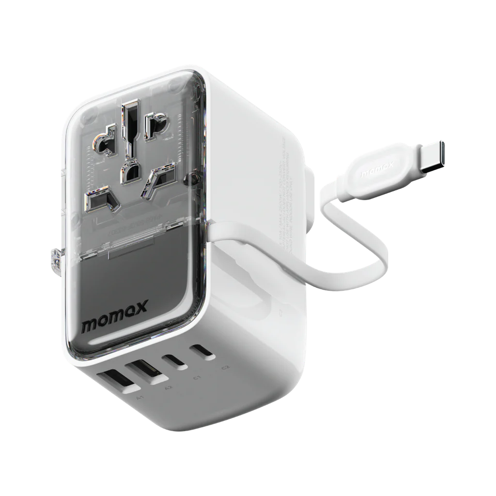 شاحن موماكس World+ Flow العالمي بـ4 منافذ مع كيبل تايب سي مدمج وبقدرة شحن 35 واط | Momax World+ Flow 35W 4-Port Charger with Built-in USB-C Cable + AC Travel Adapter