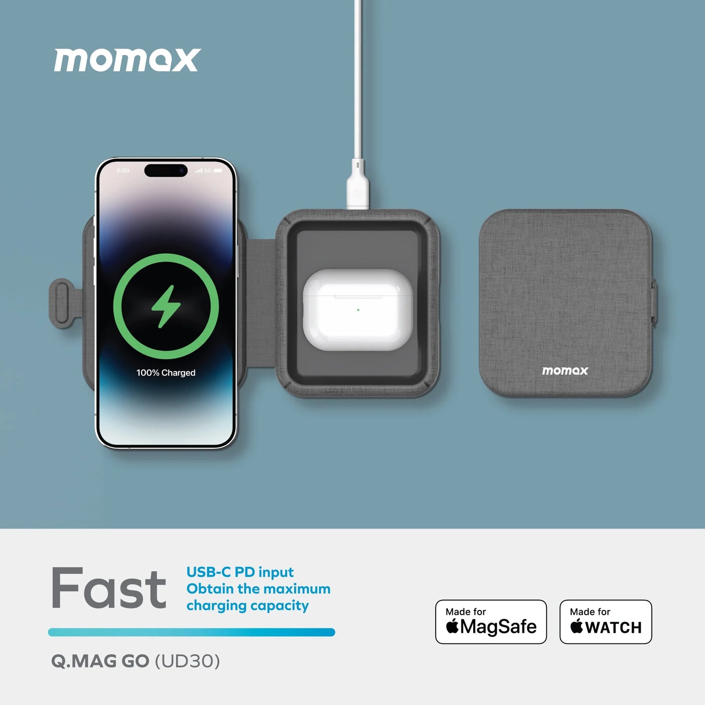 Şarjêra Bêtêl a Momax Q.Mag Go 20W 2-di-1 de bi MagSafe re