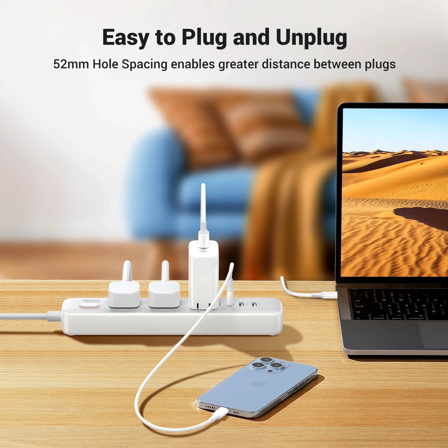 UGREEN 30W 3 AC Power Strip With Master Switch 2A1C (White) | مشترك كهربائي يو جرين 30 واط 3 منافذ مع مفتاح رئيسي 2A1C أبيض