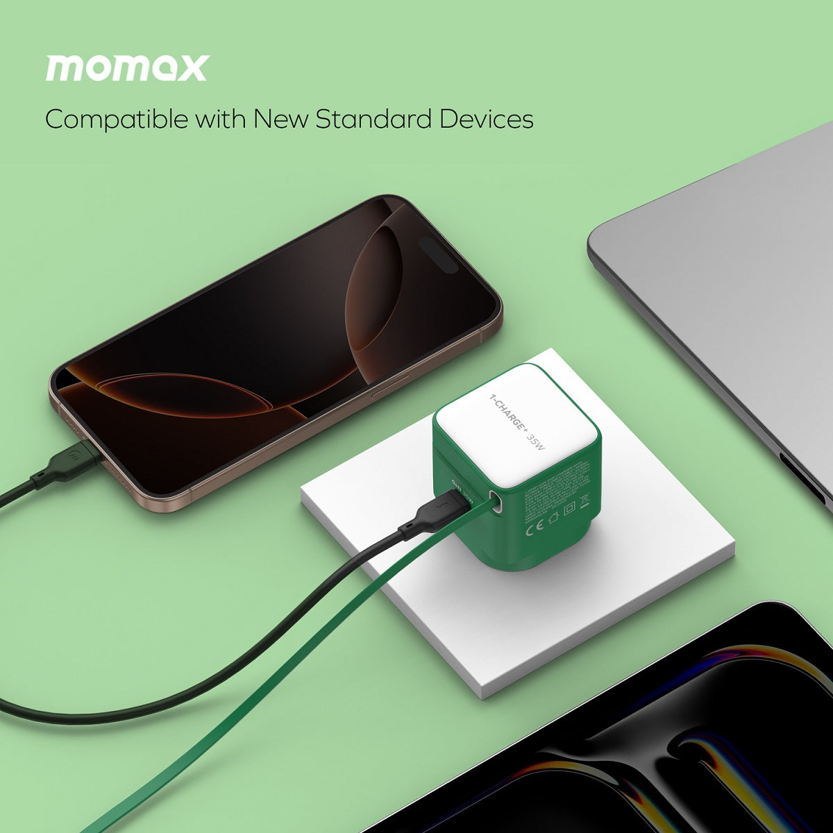 Şarjêra Bilez a Momax CHARGE & Port 35W GaN bi Kabloya USB-C ya Vekişîner - Şarjêra Bilez a Momax Charge & Port 35W bi Kabloya USB-C ya Vekişîner û Porta Zêde