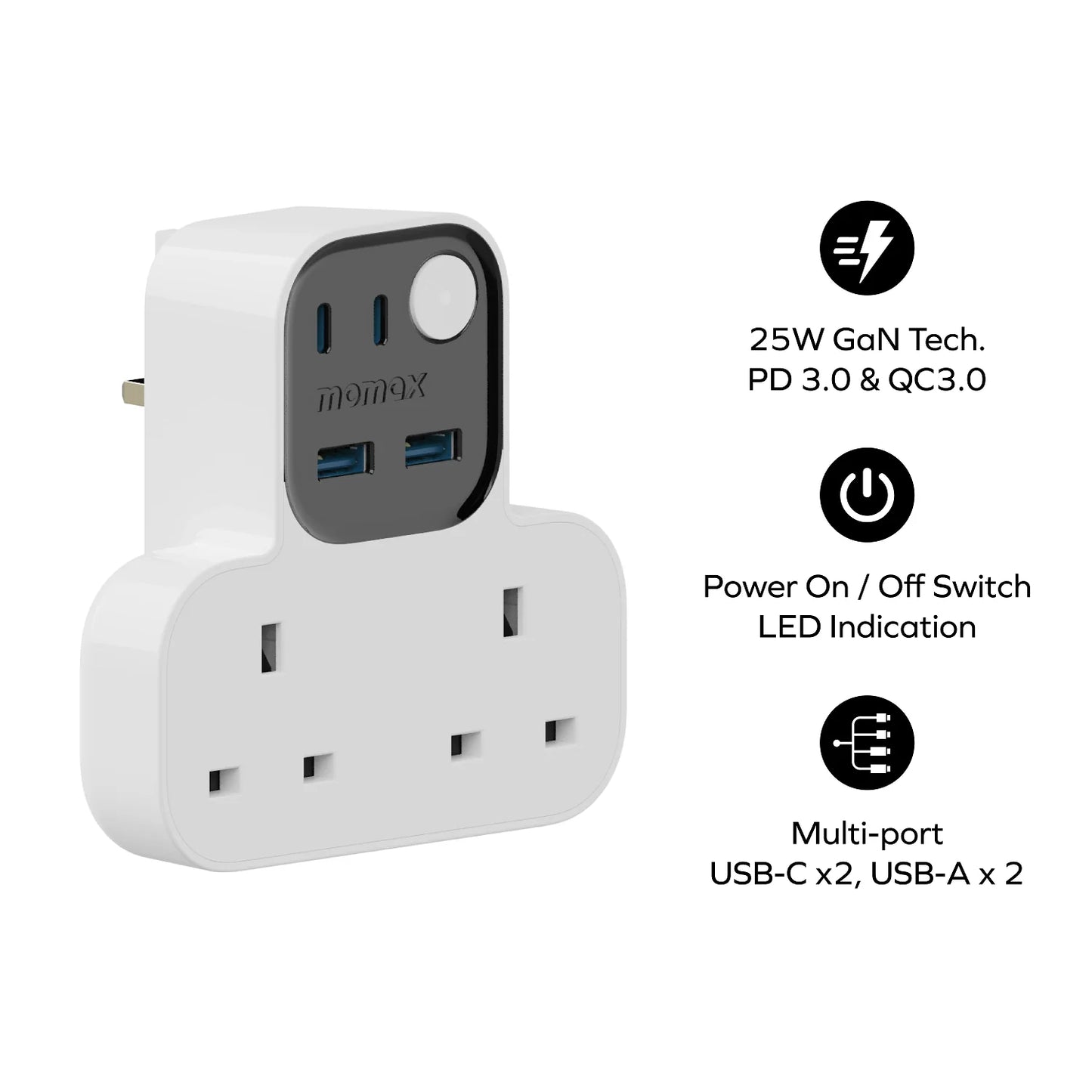 Dirêjkirina Momax Charge Work Flow a bi şiklê T - Dirêjkirina Momax Charge Work Flow a bi şiklê T bi 2 portên USB û 4 portên USB (2 USB-A û 2 USB-C)