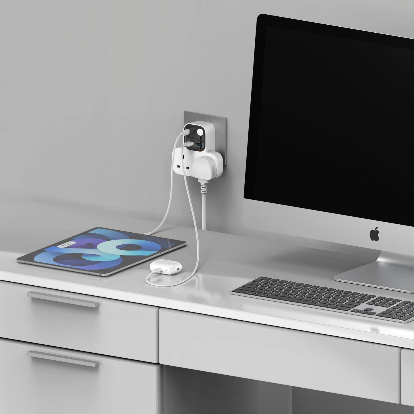 Dirêjkirina Momax Charge Work Flow a bi şiklê T - Dirêjkirina Momax Charge Work Flow a bi şiklê T bi 2 portên USB û 4 portên USB (2 USB-A û 2 USB-C)