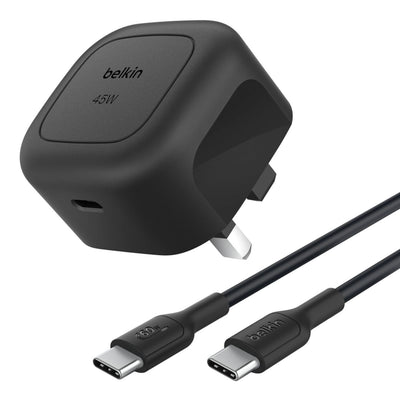 شاحن بيلكن بوست تشارج مدمج USB-C بقدرة 45 واط مع كابل تايب سي إلى تايب سي 1 متر Black