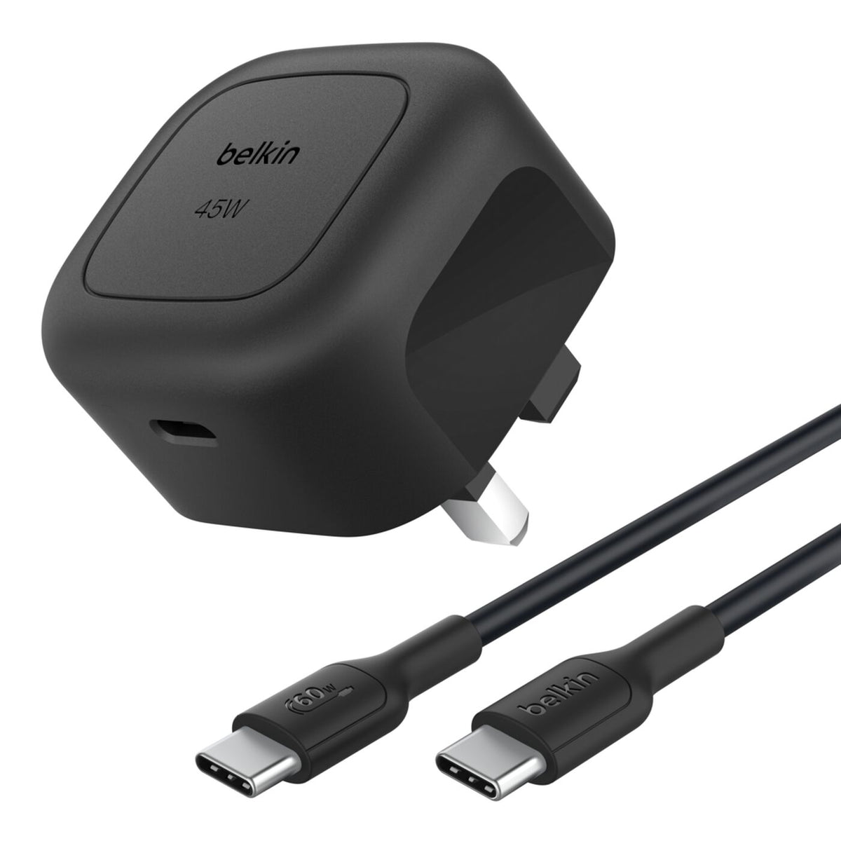 شاحن بيلكن بوست تشارج مدمج USB-C بقدرة 45 واط مع كابل تايب سي إلى تايب سي 1 متر Black