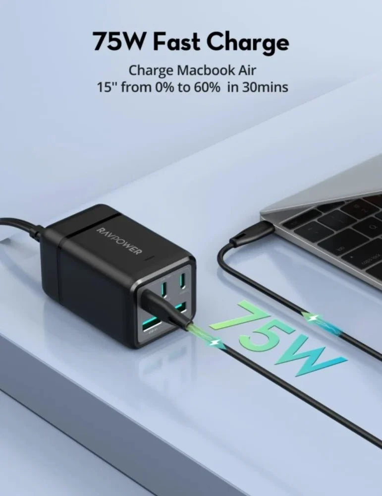 Şarjêra Maseya RAVPower RP-PC1045 75W GaN 5-Port – Şarjêra maseya RAVPower 75W, 5 port, teknolojiya GaN