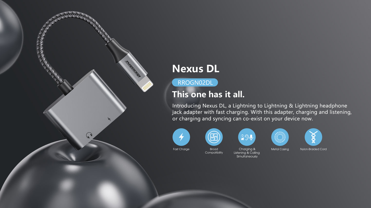 محول روك روز Nexus DL من لايتننغ الى منفذي لايتننغ للشحن والصوت | RockRose Nexus DL Lightning to Lightning + Lightning Adapter (Phone Call & Music)