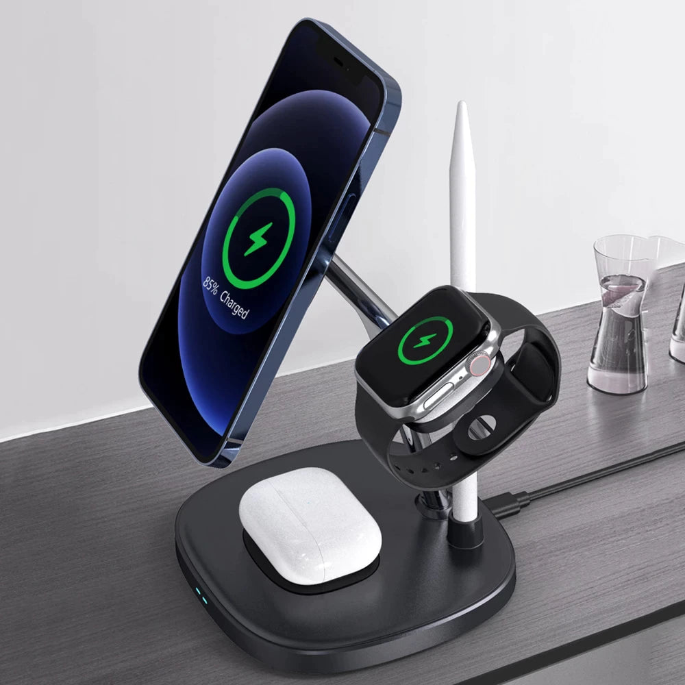 شاحن ويوو 4 في 1 اللاسلكي السريع, متوافق مع ماج سيف | WiWU 4 in 1 Wireless Magsafe Phone Stand Fast Charging Charger