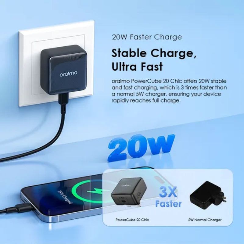 شاحن جداري أورايمو GaN بمنفذ تايب سي وبقدرة شحن 20 واط - اسود | Oraimo Charger 20W GaN tech Type-C Port - Black