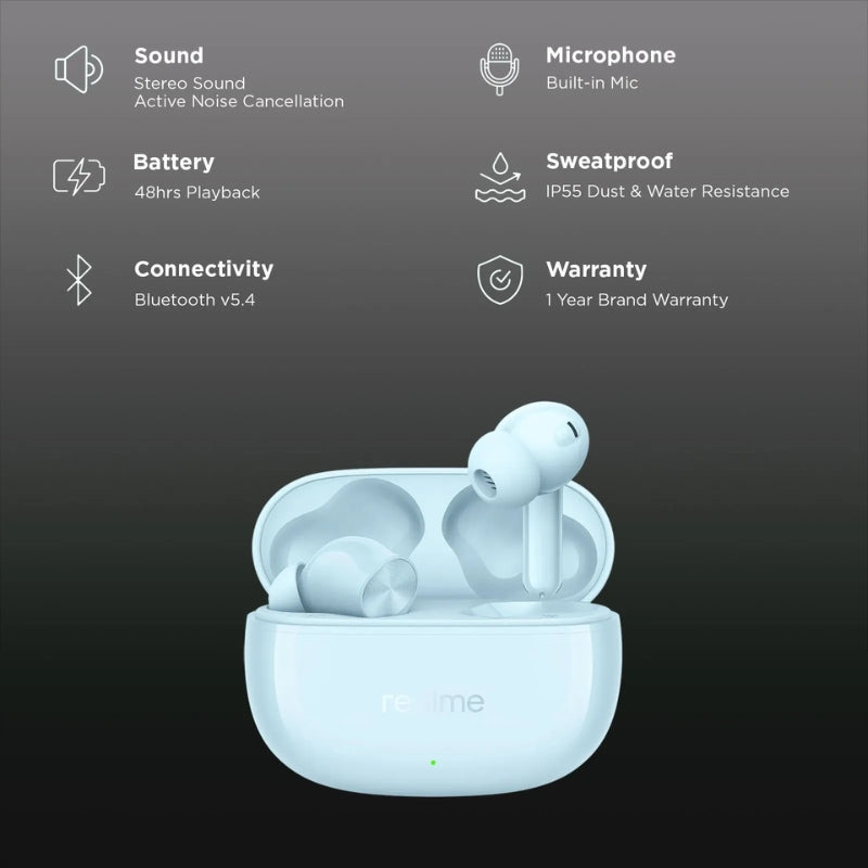 Realme Buds T200 X Volt Wireless Earphones Blue | سماعات ريلمي بادز T200 X فولت زرقاء
