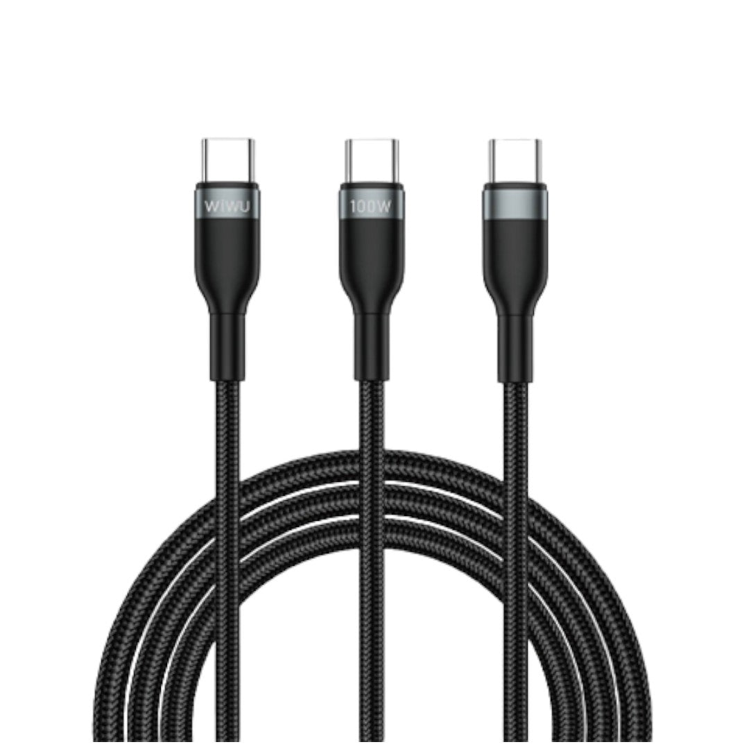 WiWU Concise 100W 3 in 1 Fast Charging Cable Wi-C029 C-C+C - كيبل شحن سريع 100 واط 3 في 1 من WiWU