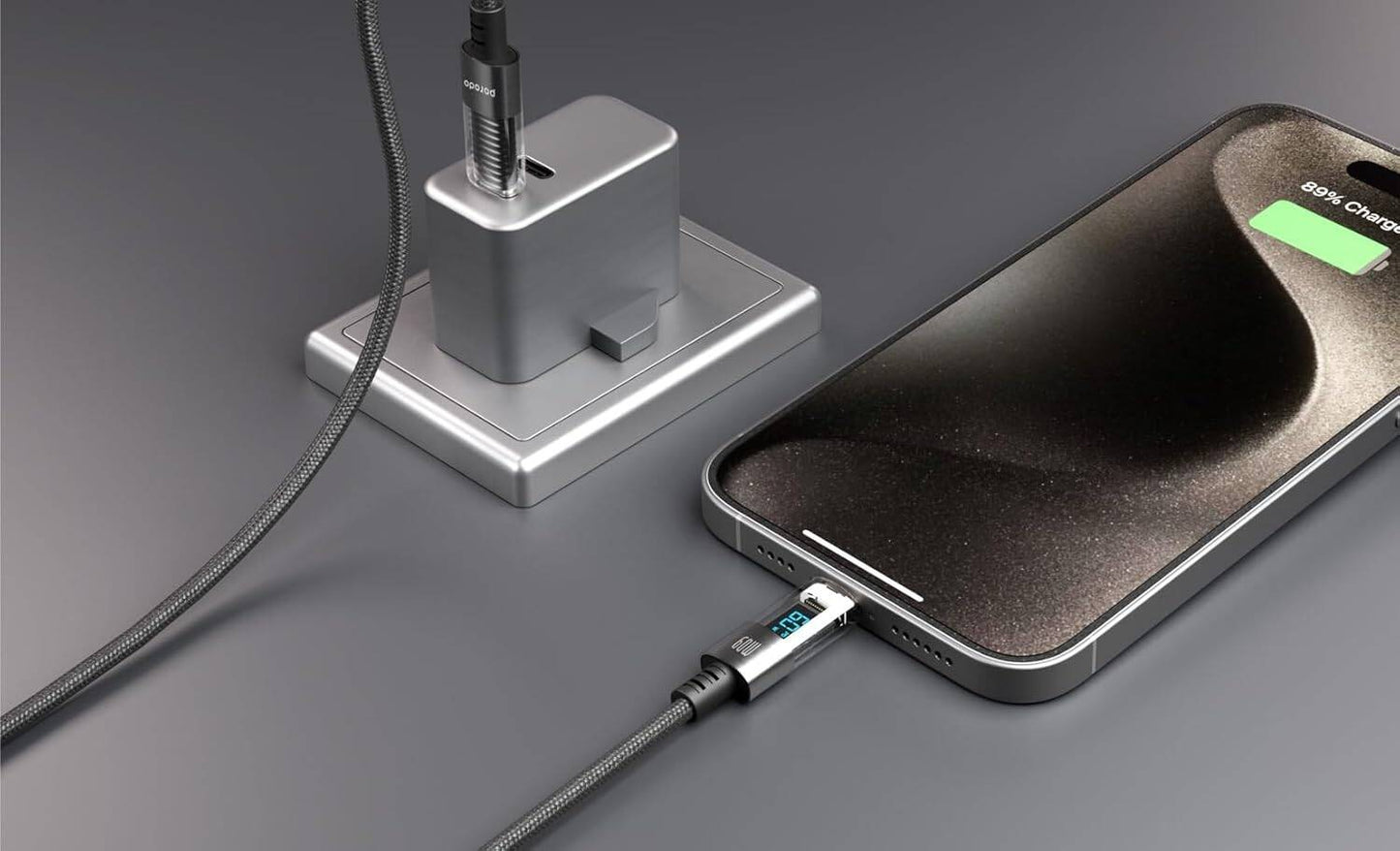 Kabloya Porodo 60W USB-C bo USB-C ya bi PD Displayê ve girêdayî, 1.2m - Reş