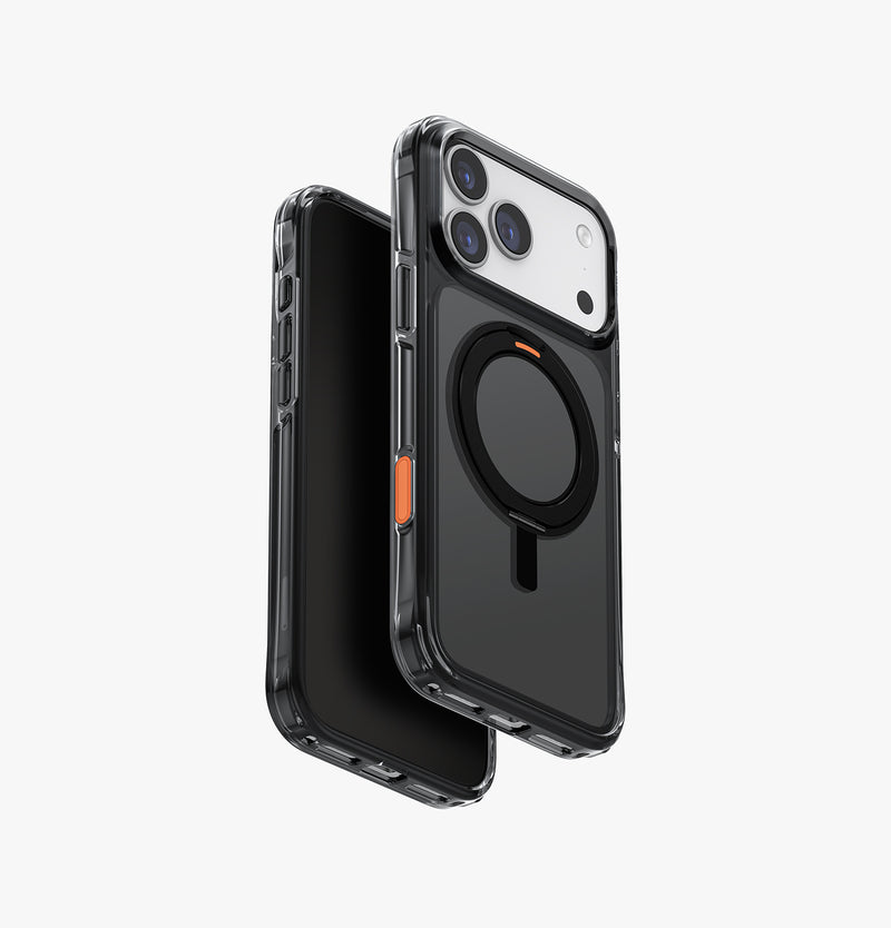 UNIQ Swivix rotating kickstand case for iPhone 17 Pro Max Smoke - angled view