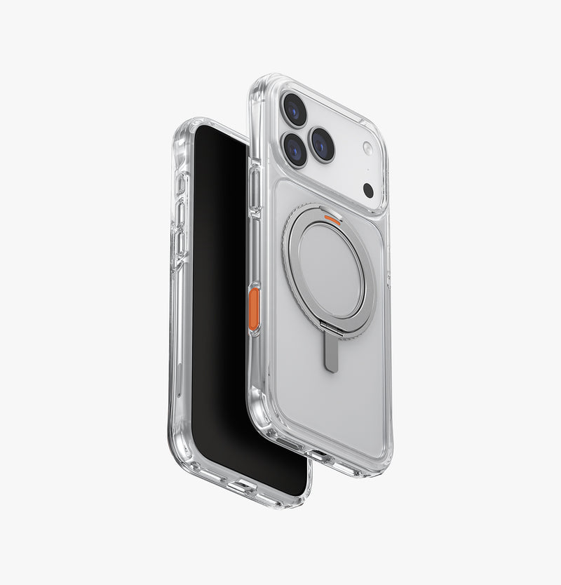 UNIQ Swivix rotating kickstand case for iPhone 17 Pro Max Clear - angled view