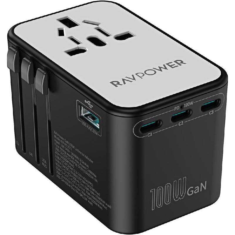 شاحن السفر العالمي راف باور 5 في 1 بقدرة شحن 100 واط | RAVPower 5-in-1 Travel Charger 100W PD GaN 5.0 Universal Power Adapter
