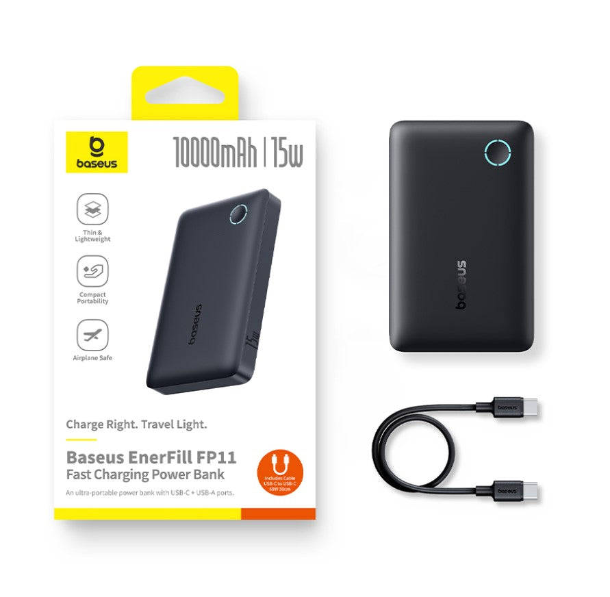 Baseus EnerFill FP11 Power Bank 10000mAh 15W White (With Cable C→C 30cm 20V/3A) | باور بانك بيسوس إنرفيل 10000 مللي أمبير 15 واط أبيض
