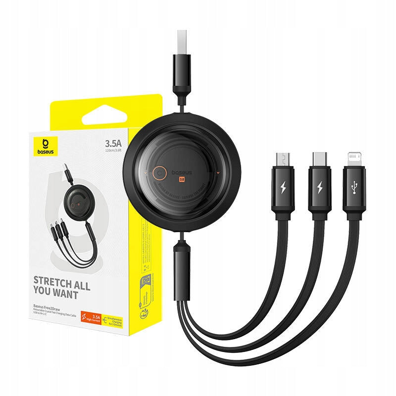 كابل Baseus Free2Draw قابل للسحب - Baseus Free2Draw Retractable Cable USB→M+L+C 100W 1.1m Black