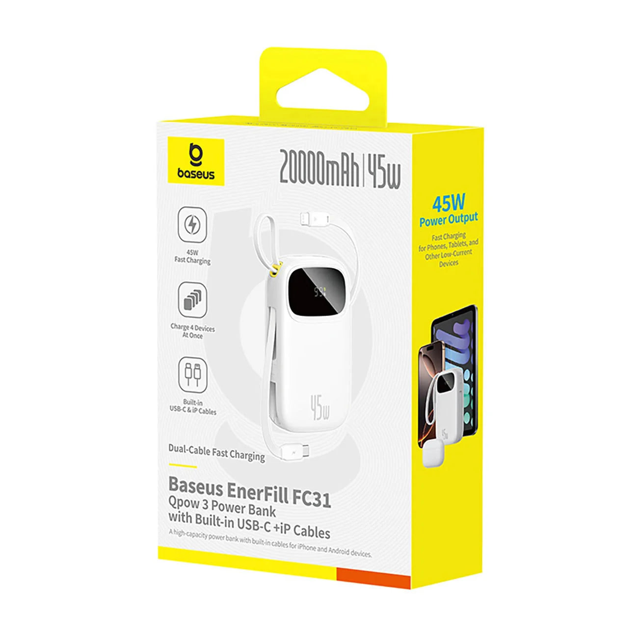 Baseus EnerFill FC31 Qpow 3 Power Bank 20000mAh 45W White - باور بانك بيسوس انرفيل FC31 كيو باو 3 20000 مللي أمبير 45 واط أبيض