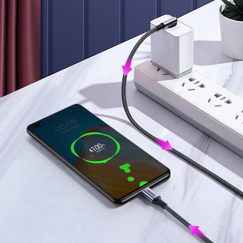 كيبل يوجرين USB-C إلى USB-C بزاوية 90 درجة شحن سريع 100W للألعاب 1م | UGREEN USB-C to USB-C 90 Degree PD Fast Charging Cable 100W 1M Gaming