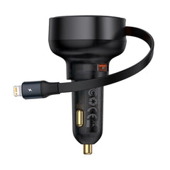 Baseus Enjoyment Pro 55W USB-A Car Charger with Retractable Lightning Cable - Black | شاحن سيارة بيسوس 55 واط مع كابل لايتننج قابل للسحب - أسود