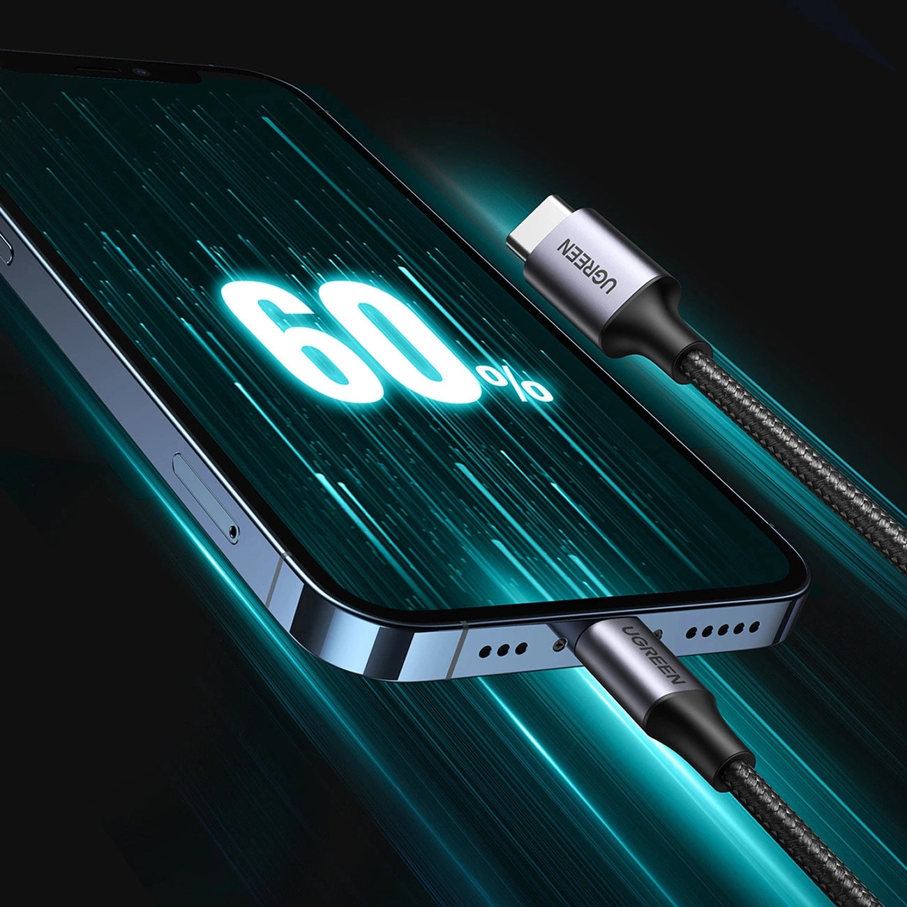 كيبل UGREEN USB-C إلى Lightning شحن سريع 3A أسود 1 متر | UGREEN USB-C to Lightning PD Fast Charging 3A Max Black 1m