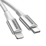 كيبل يوجرين USB-C إلى لايتننج شحن سريع PD 3A فضي 1 متر | UGREEN USB-C to Lightning PD Fast Charging 3A Max Silvery 1m