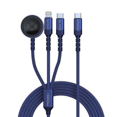 Promate iCharge-Trio Blue multi-connector cable with Lightning USB-C and Apple Watch charger - main view