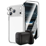 كومبو جرين لايون الشامل لآيفون 17 برو ماكس شاحن جان + كفر + حماية شاشة + عدسة كاميرا | Green Lion GaN Charger Screen Protector Clear Case Camera Lens Combo for iPhone 17 Pro Max