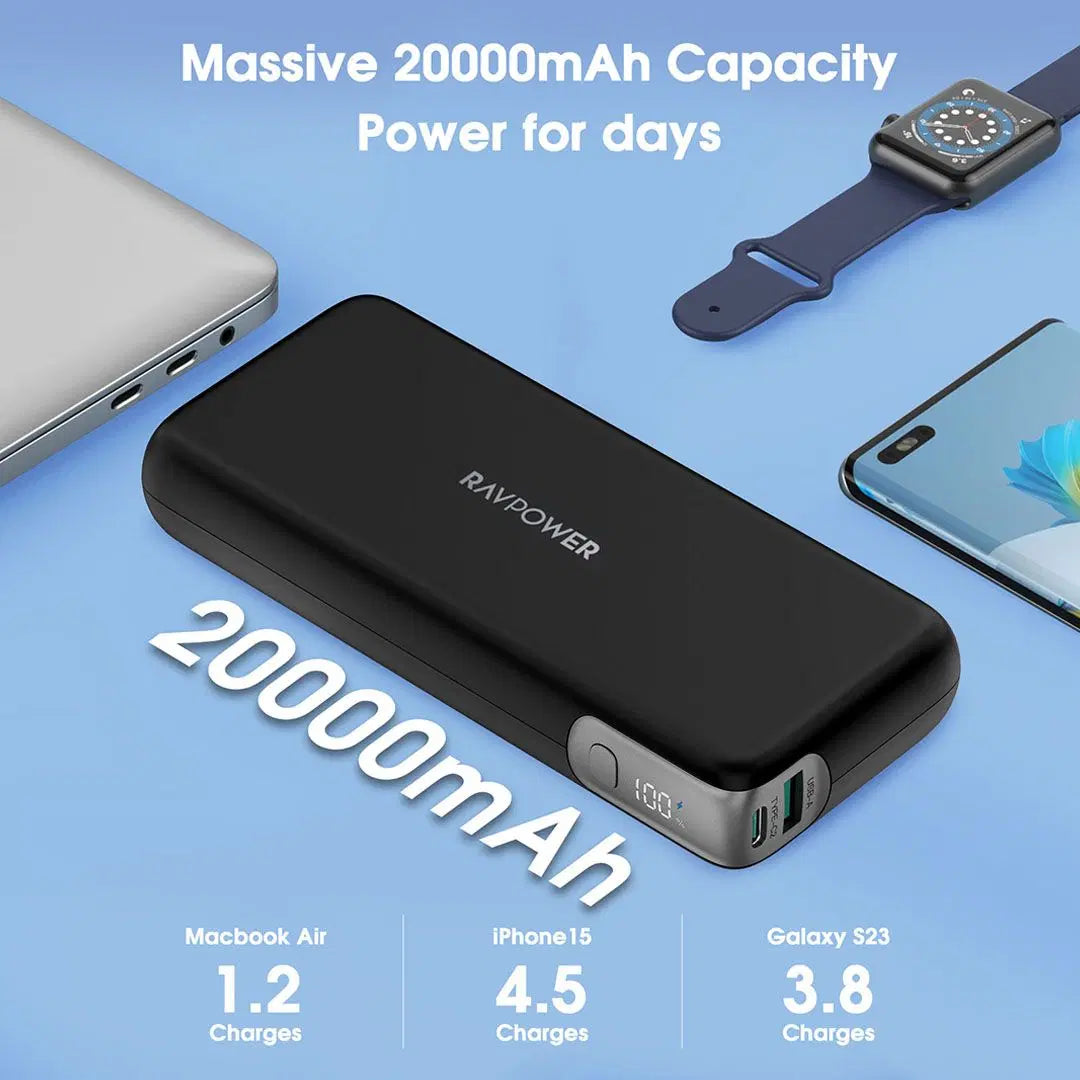 باور بانك راف باور RP-PB201 Pro بسعة 20000 مللي أمبير وقوة 65 واط مع منفذين Type-C ومنفذ USB | RAVPower RP-PB201 Pro 20000mAh 65W Power Bank with Dual Type-C and USB Port