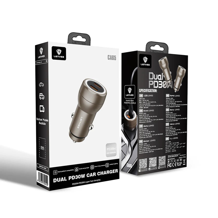Lenyes CA65 Dual USB-C 60W PD Car Charger - شاحن سيارة لينيس CA65 ثنائي Type-C 60 واط