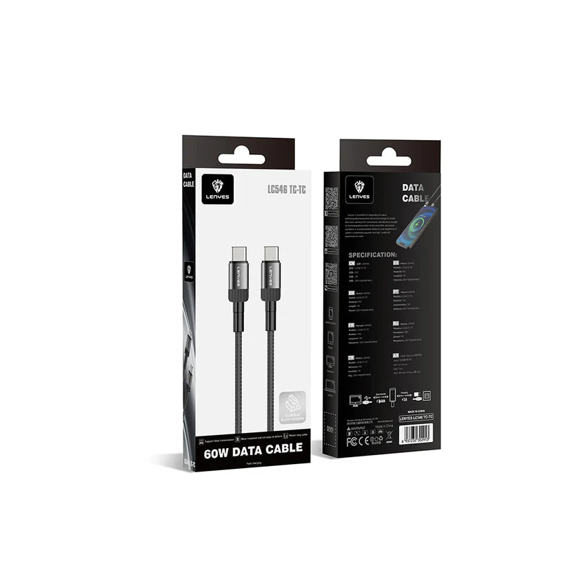 كابل شحن سريع Lenyes LC546 مضفر Type-C إلى Type-C 60W ألومنيوم 1 متر | Lenyes LC546 Braided Type-C to Type-C Fast Charging Cable 60W 1M